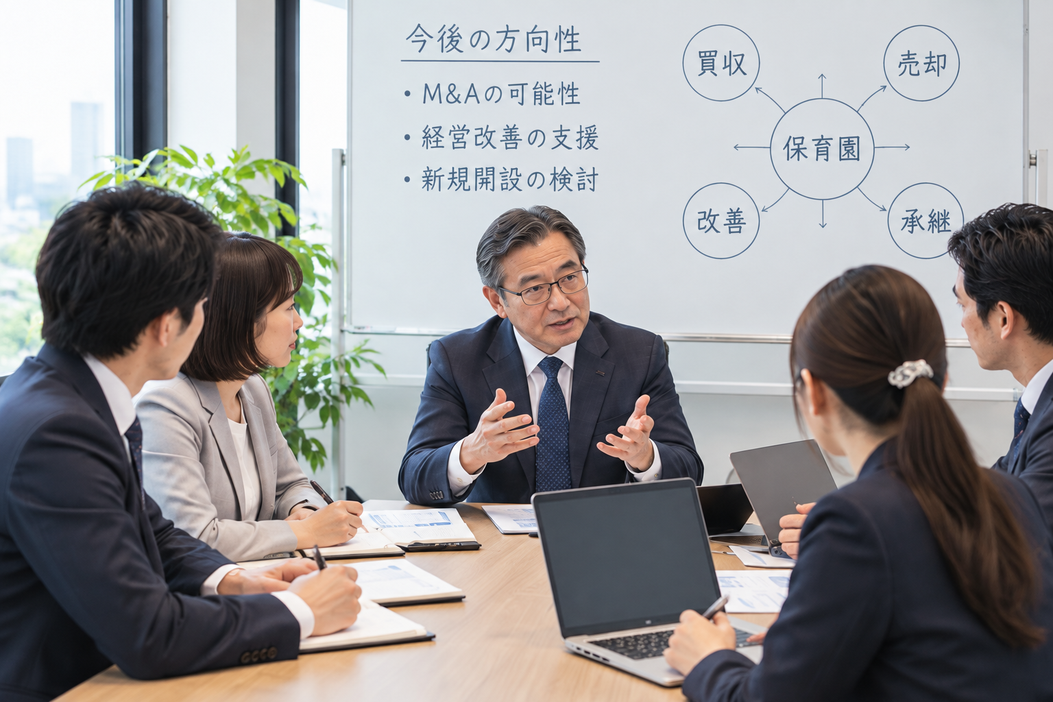 日本人担当者が資料を確認しながら討論する会議風景